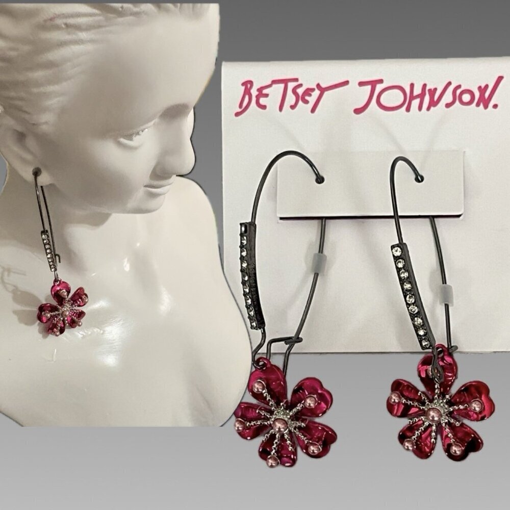 Betsey Johnson Fuchsia Flower Faux Pearl/Pave Accent Gunmetal Dangle Earrings